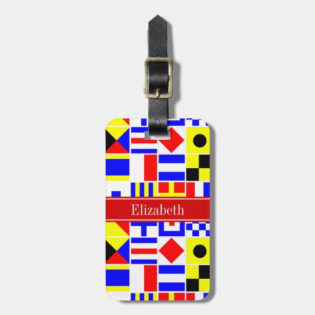 Farbenfrohe Nautic Signal Flags Roter Name Monogra Gepäckanhänger (Vorderseite vertikal)
