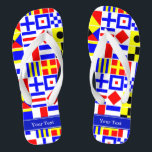 Farbenfrohe Nautic Signal Flags Royal Name Monogra Flip Flops<br><div class="desc">Farbenfrohe Nautical Signal Flags mit Royal Blue Name Monogram Ribbon Label Passen Sie dies mit Ihrem Namen, Monogramm oder anderen Text an. Sie können auch den Schriftart ändern, die Größe des Schriftartes und die Farbe des Schriftartes ändern, den Text verschieben, zusätzliche Textfelder hinzufügen usw. hinzufügen. Woll, dies in einer anderen...</div>