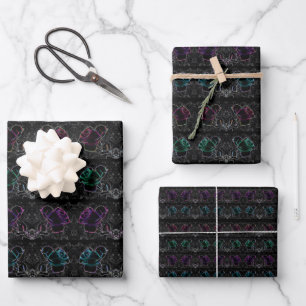Farbenfrohe Neon, Abstrakte Rose auf schwarzem Hin Geschenkpapier Set