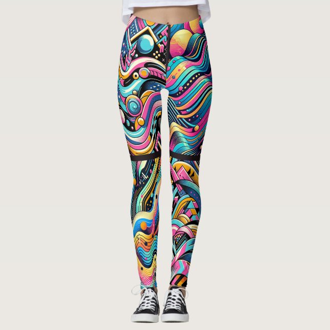 Farbenfrohe Neon Bright Abstrakte Muster der 90er  Leggings (Vorderseite)