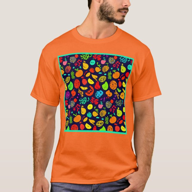 Farbenfrohe Neon Frucht Muster Kunst T-Shirt (Vorderseite)