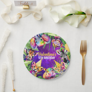 Farbenfrohe Neon Glow Jungle Safari Party Tiere Pappteller
