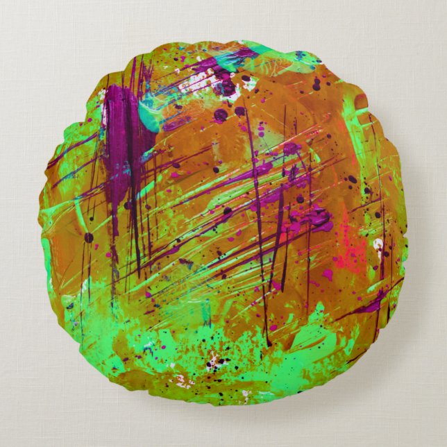 Farbenfrohe Neon Green Abstrakt Spritzer Paint Rundes Kissen (Vorderseite)