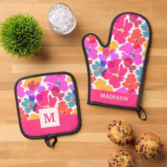 Farbenfrohe Neon Moderne Blume Muster Ofenhandschuh & Topflappen-Set (Oben Unten)
