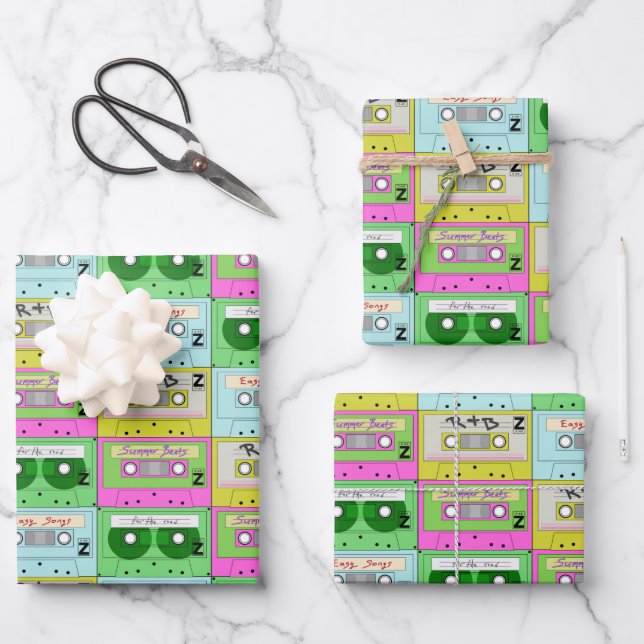 Farbenfrohe Neonmusik Cassettes Geschenkpapier Set (Vorderseite)