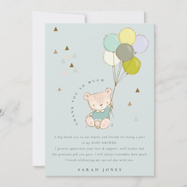 Farbenfrohe Niedliche Aqua Blue Bear Balloons Baby Dankeskarte (Vorderseite)