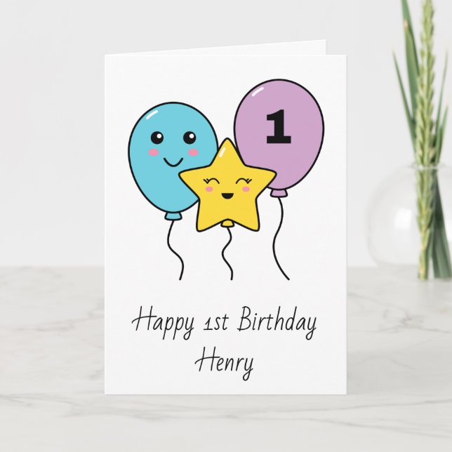 Farbenfrohe Niedliche Balloons 1. Geburtstag Karte (Vorderseite)