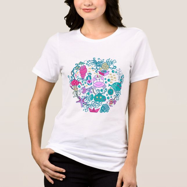 Farbenfrohe Niedliche Cartoon Sea Life Party Szene Tri-Blend Shirt (Vorderseite)
