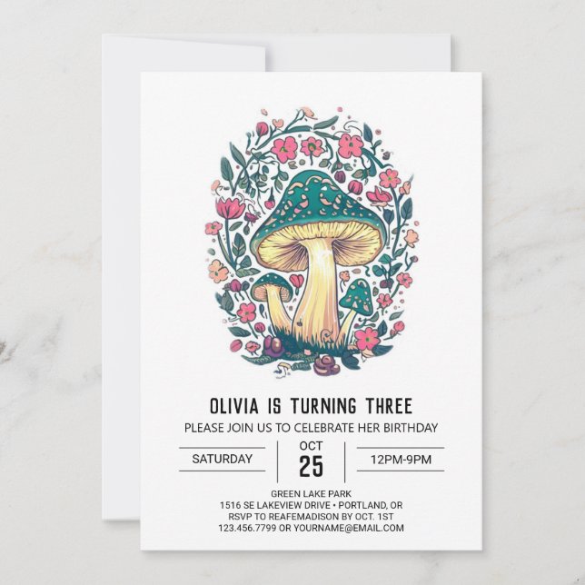 Farbenfrohe Niedliche digitale Pilze zum Geburtsta Einladung (Vorderseite)