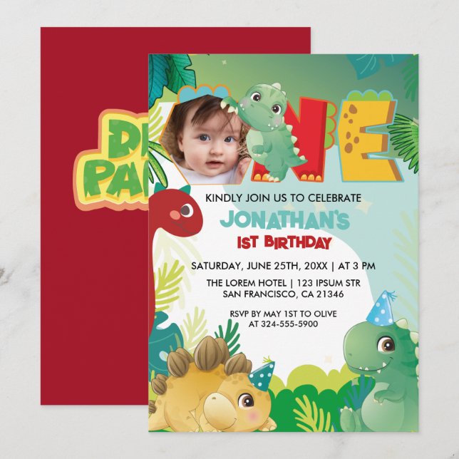 Farbenfrohe Niedliche Dinosaurier Baby-Junge erste Einladung (Vorne/Hinten)