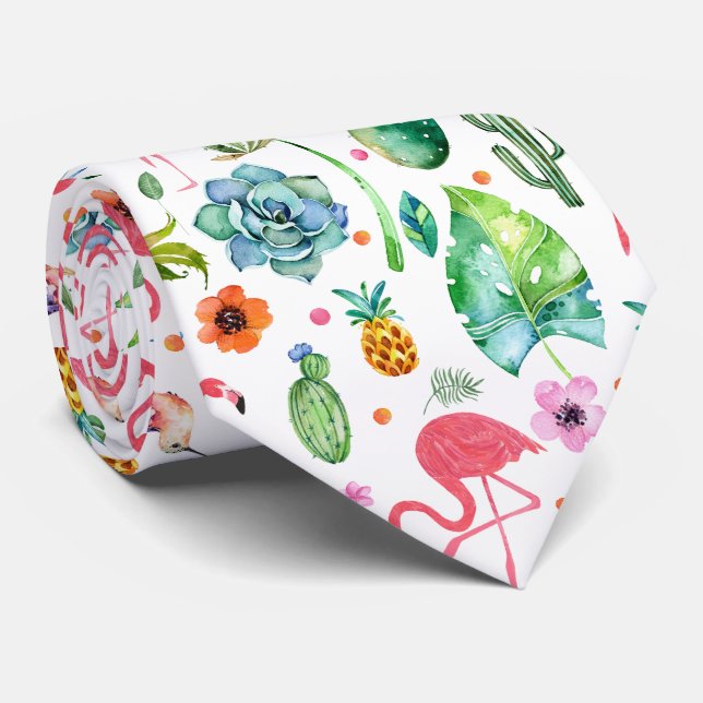 Farbenfrohe Niedliche Flamingos & tropische Blume  Krawatte (Gerollt)
