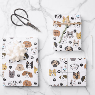 Farbenfrohe Niedliche Hunde & Hundeschlittenmuster Geschenkpapier Set