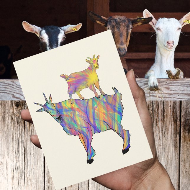 Farbenfrohe Niedliche psychedelische Ziegen Farm A Postkarte (Cute goats standing on things colorful farm animal art watercolor postcard)