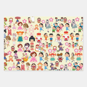 Farbenfrohe Niedliche Puppen und Kindergeschenkwra Geschenkpapier Set