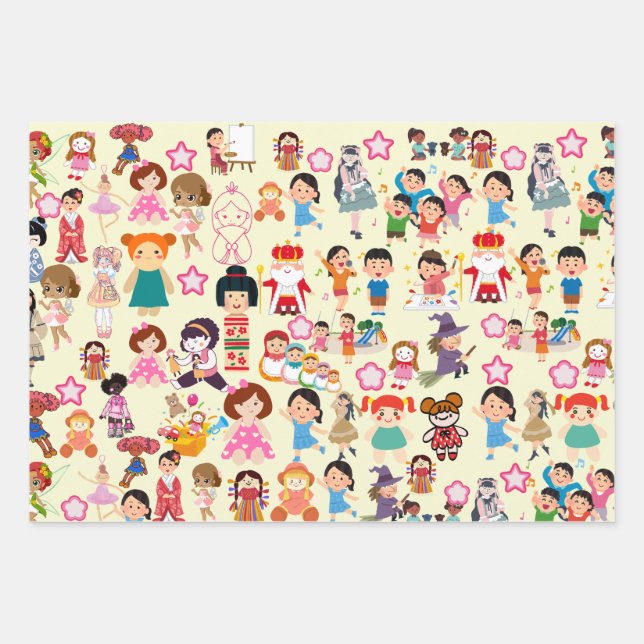 Farbenfrohe Niedliche Puppen und Kindergeschenkwra Geschenkpapier Set (Vorderseite)