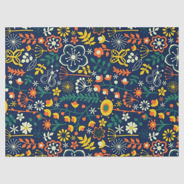 Farbenfrohe Niedliche Retro-Blume und Blattmuster Seidenpapier (Vorderseite)