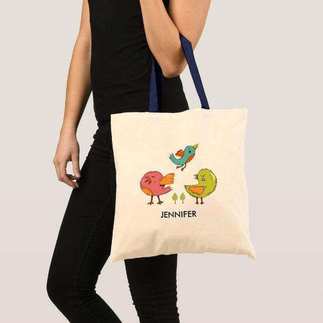 Farbenfrohe Niedliche Whimsical Birds Trio Tragetasche (Vorderseite (Produkt))