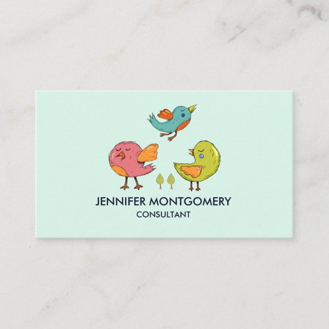 Farbenfrohe Niedliche Whimsical Birds Trio Visitenkarte (Vorderseite)
