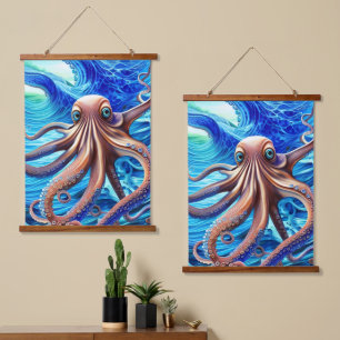 Farbenfrohe Octopus Blaue Ozeanwelle Wandteppich Mit Holzrahmen