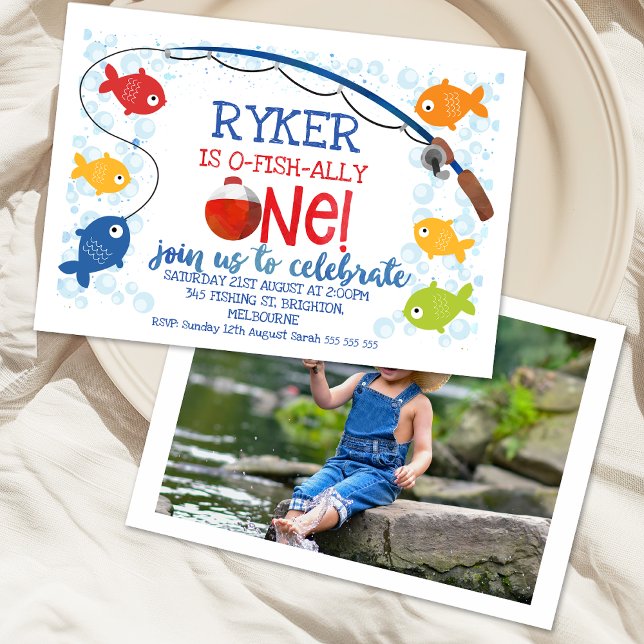 Farbenfrohe Ofishalle One Fishing Bobber 1. Geburt Einladung (Colorful Ofishally One 1st Birthday Invitation, O-fish-ally One Invitation, Fishing Birthday Invite)
