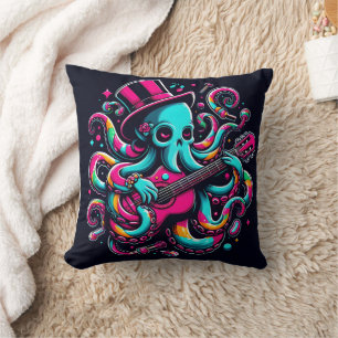 Farbenfrohe Oktopus Gitarre spielen im künstlerisc Kissen