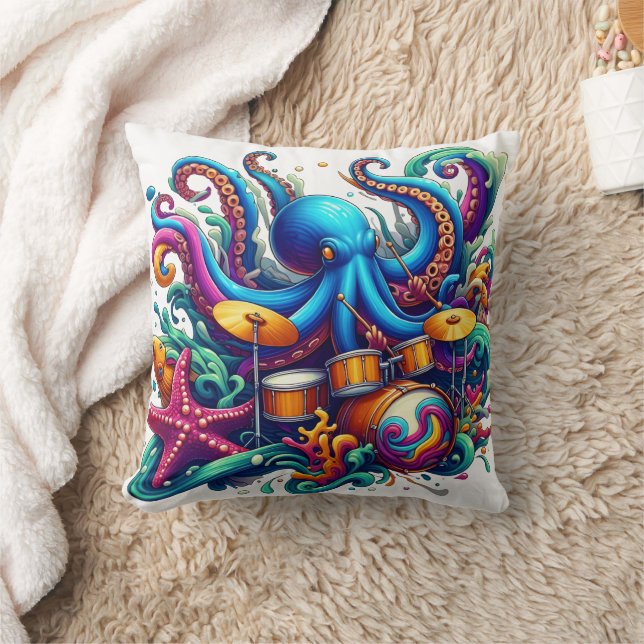 Farbenfrohe Oktopus Trommeln in Meereswellen Kissen (Decke)
