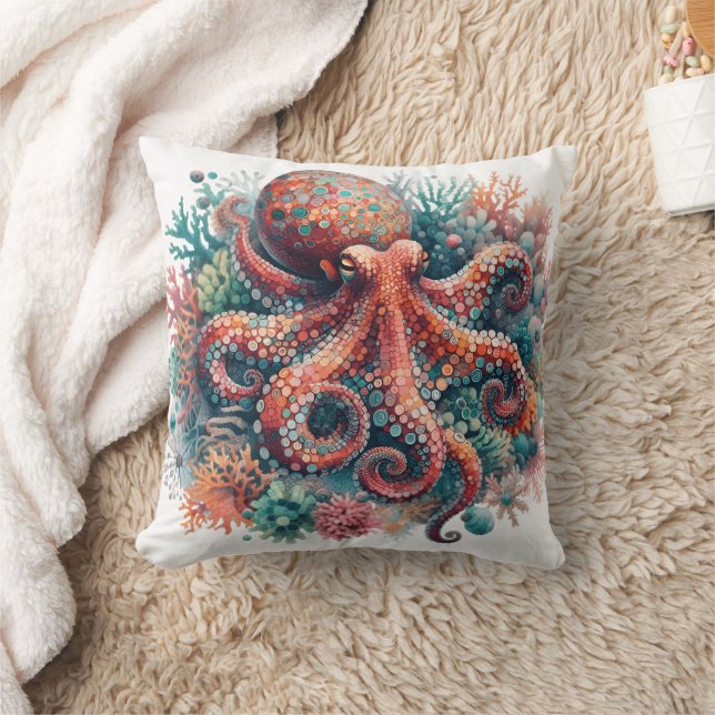 Farbenfrohe Oktopus unter lebendigem Korallenriff Kissen (Decke)