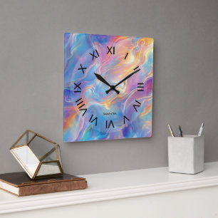 Farbenfrohe Opal-Wirbel-Marmorstruktur Quadratische Wanduhr