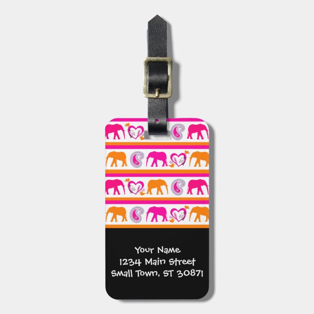 Farbenfrohe Orange Hot Pink Elefanten Paisley Hear Gepäckanhänger (Vorderseite vertikal)