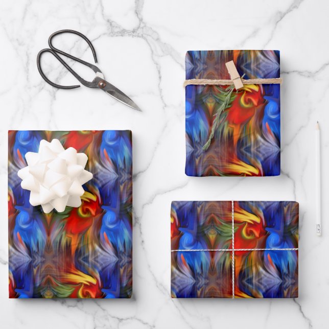 Farbenfrohe, orangefarbene, gelbe Abstrakte Kunst Geschenkpapier Set (Vorderseite)