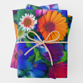 Farbenfrohe Orangen Blau- und Rote Blume Geschenkpapier Set