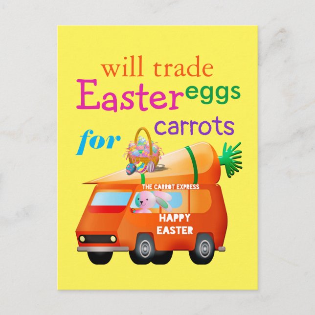 Farbenfrohe Ostereier für Carrots Bunny Bus Postkarte (Vorderseite)