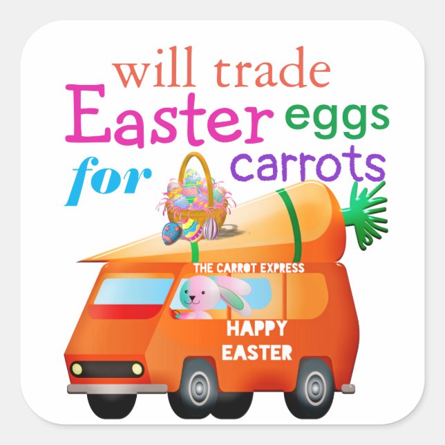 Farbenfrohe Ostereier für Carrots Bunny Bus Quadratischer Aufkleber (Vorderseite)