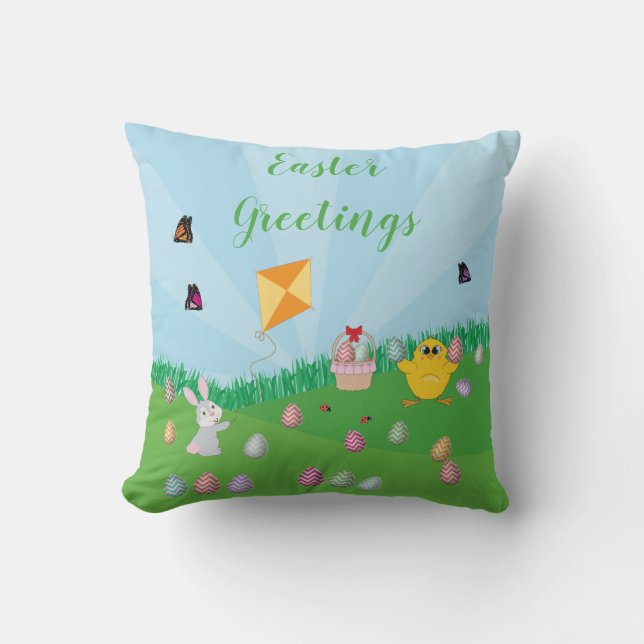 Farbenfrohe Ostereier Hunt Bunny Chick Kissen (Vorderseite)
