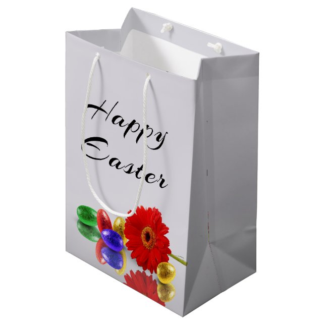 Farbenfrohe Ostereier mit Gerbera Mittlere Geschenktüte (Vorderseite Schrägansicht)