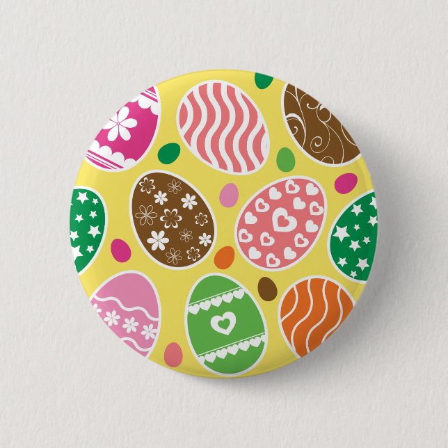Farbenfrohe Ostereier Muster Gelber Hintergrund Button (Vorderseite)
