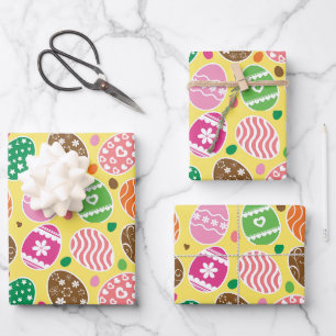 Farbenfrohe Ostereier Muster Gelber Hintergrund Geschenkpapier Set