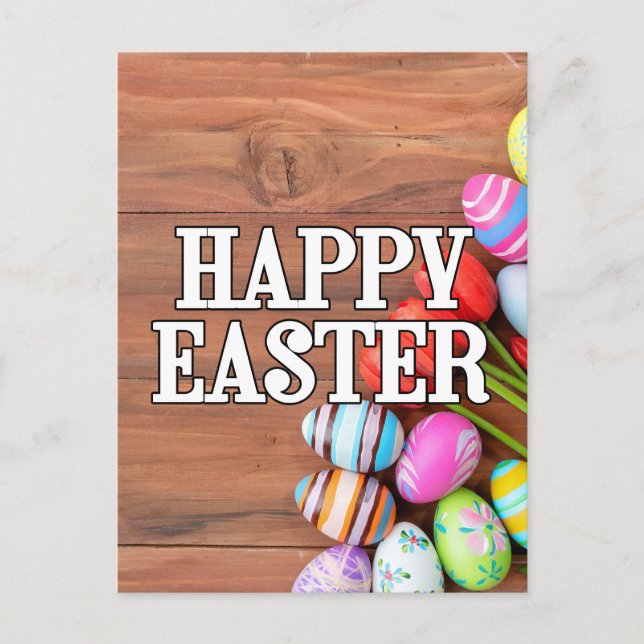 Farbenfrohe Ostereier & Tulip Blume Postkarte (Vorderseite)