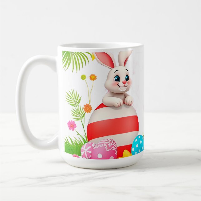 Farbenfrohe Osterhase mit Eiern und Geschenk Kaffeetasse (Links)