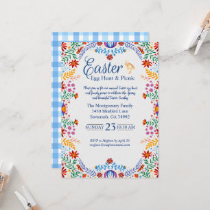 Farbenfrohe Ostern Blaue Gingham-Ostereiersuche Einladung