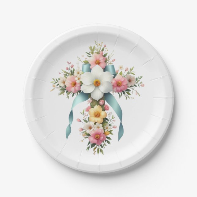 Farbenfrohe Ostern/Frühlingskreuz Pappteller (Vorderseite)