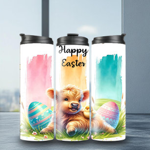 Farbenfrohe Ostern Pinselstrich Highland Cow Tumbl Thermosbecher