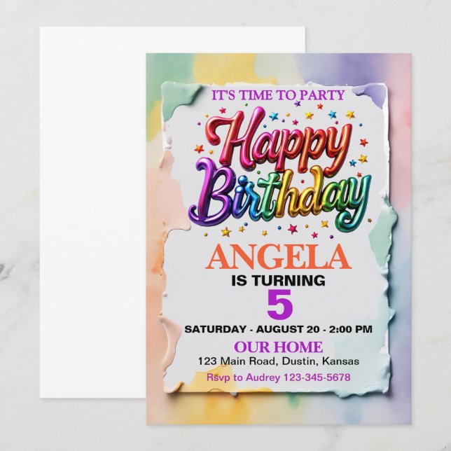 Farbenfrohe Paint Smear (nicht 3D flach) Happy Bir Einladung (Vorne/Hinten)