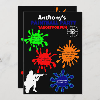 Farbenfrohe Paintball Geburtstagsparty Einladung