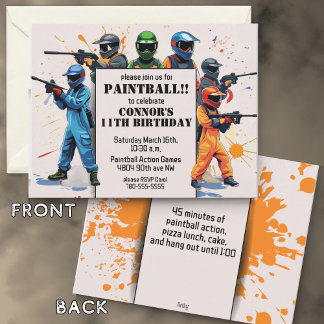Farbenfrohe Paintball Thema Kindergeburtstagsfeier Einladung