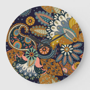 Farbenfrohe Paisley: Indische Tapete mit Blumenmus Große Wanduhr