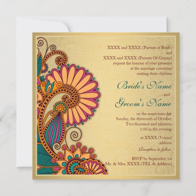 Farbenfrohe Paisley-Muster auf indischer Hochzeit Einladung (Vorderseite)