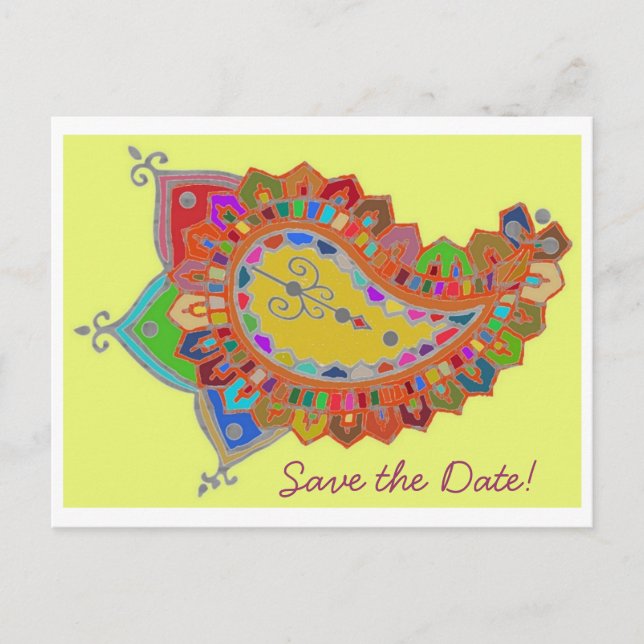 Farbenfrohe Paisley Save the Date Postcard Ankündigungspostkarte (Vorderseite)