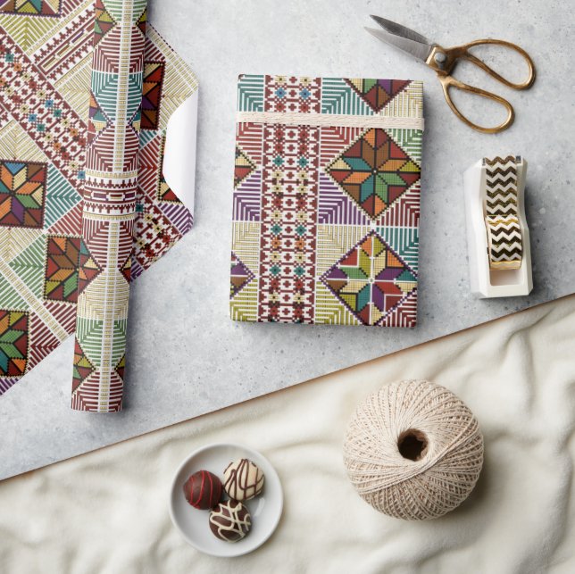 Farbenfrohe palästinensische Tatreez Print Wrappin Geschenkpapier (Kunsthandwerk)