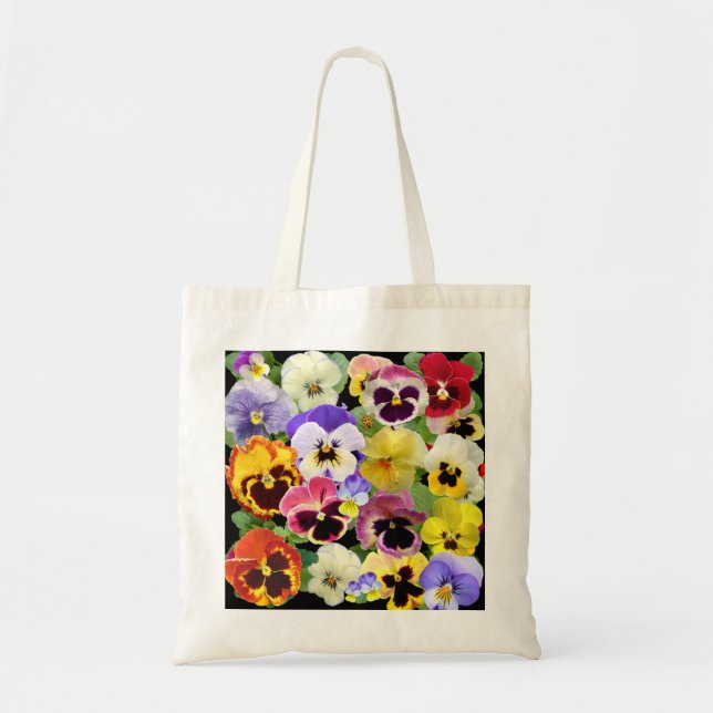 Farbenfrohe Pansy Patchwork Tragetasche (Vorne)